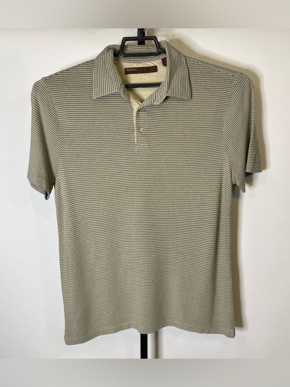 Perry Ellis White Grey Striped Polo Shirt Size Medium Men’s